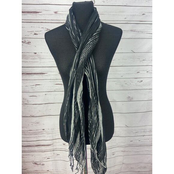 Lightweight Black & Silver Striped Sheer Scarf With Fringe Edge - Picture 2 of 5
